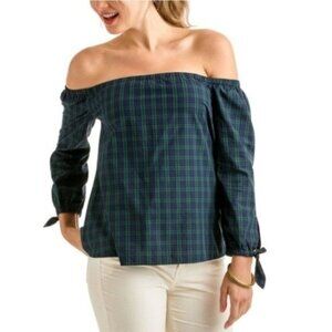 Talbots Green Blue Plaid Off the Shoulder Top